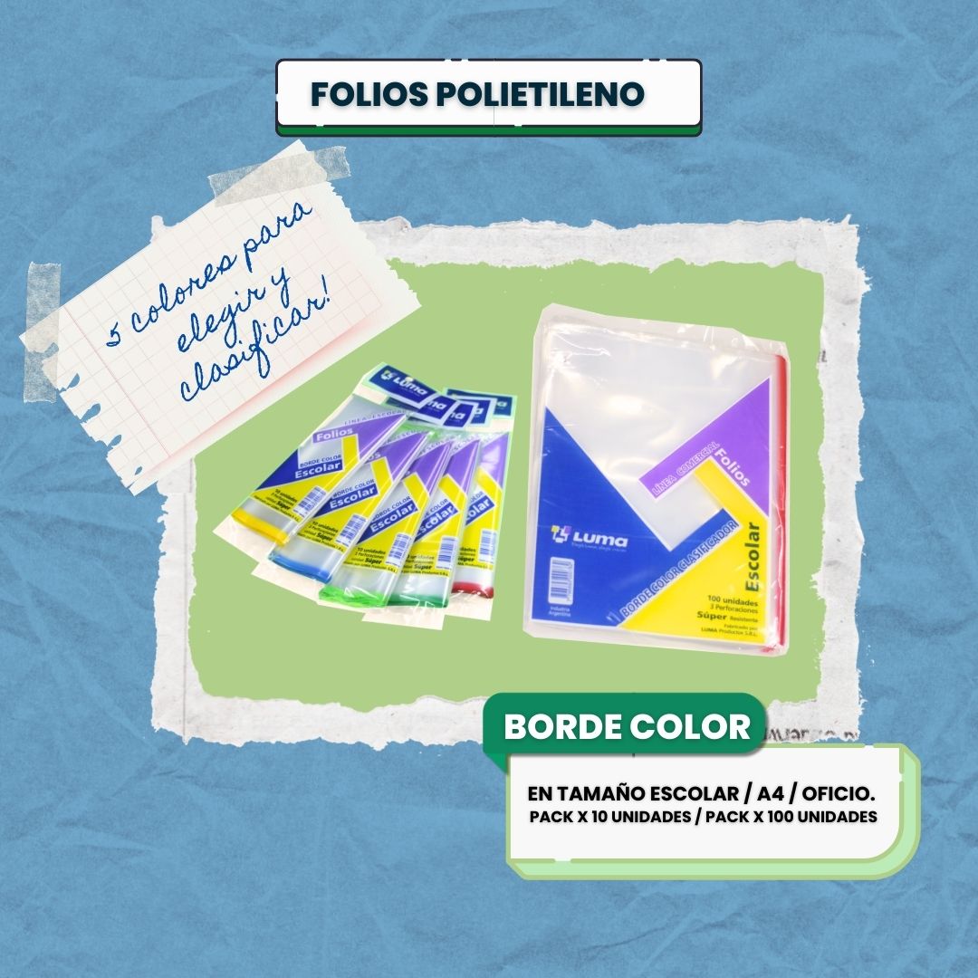 Folios Polietileno Borde Color Oficio - Colores Surtidos